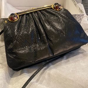 Judith Leiber Bag, black snake evening shoulder bag/clutch w/stone adornments.